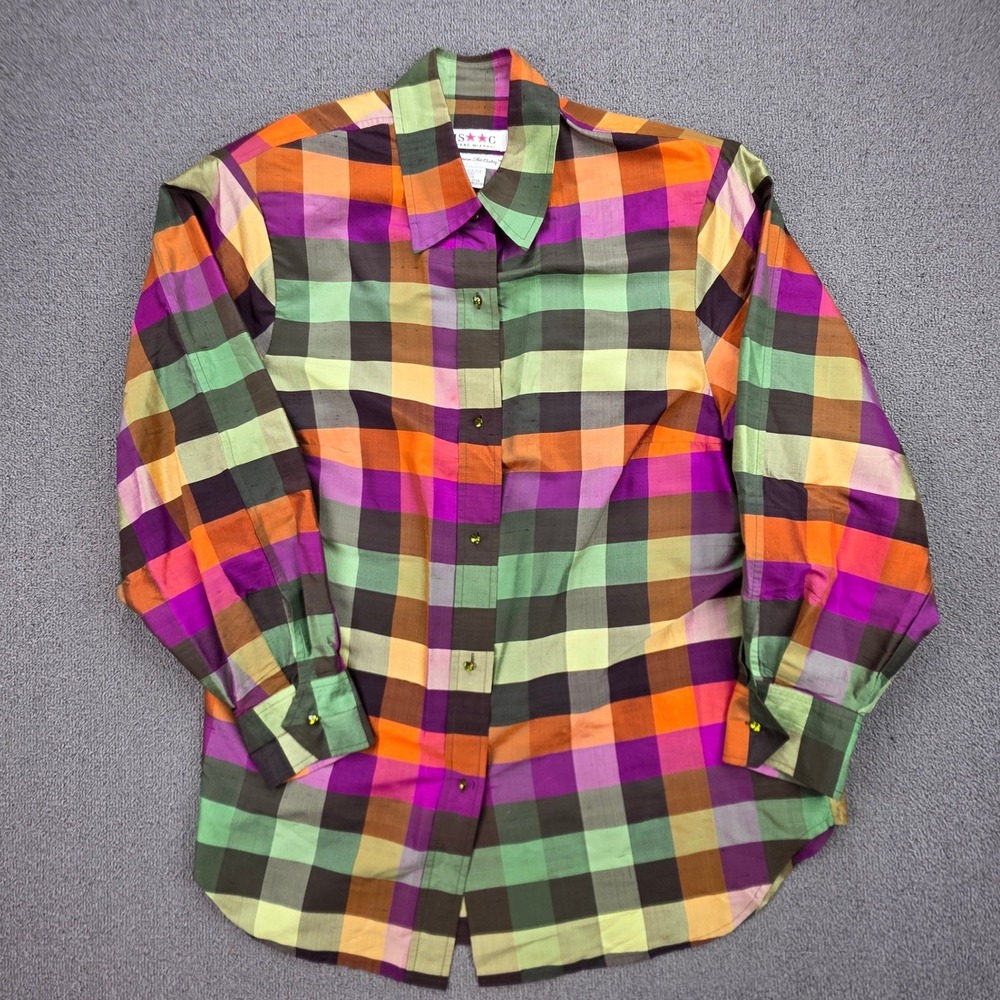 Isaac Mizrahi Silk Plaid Button Up‎ Women Multicolor Jeweled Button Blouse L